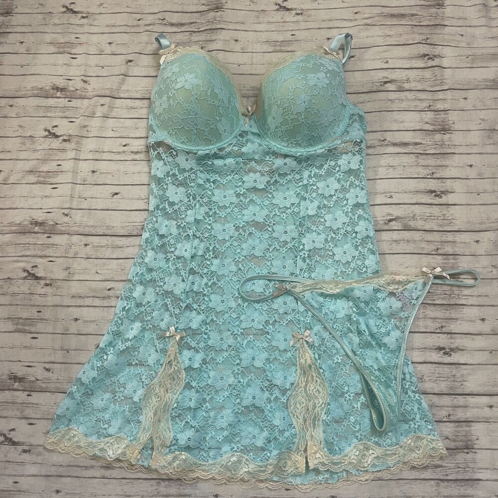 Native Intimates Blue Sheer Bow Nightgown Built in Bra 40D Lace Skirt Peek A Boo